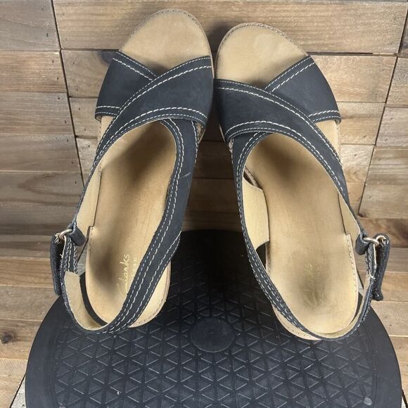 Clarks Womens Size 9M Black Aisley Tulip Sandals Suede Wedge Heels Slingback - Picture 5 of 10
